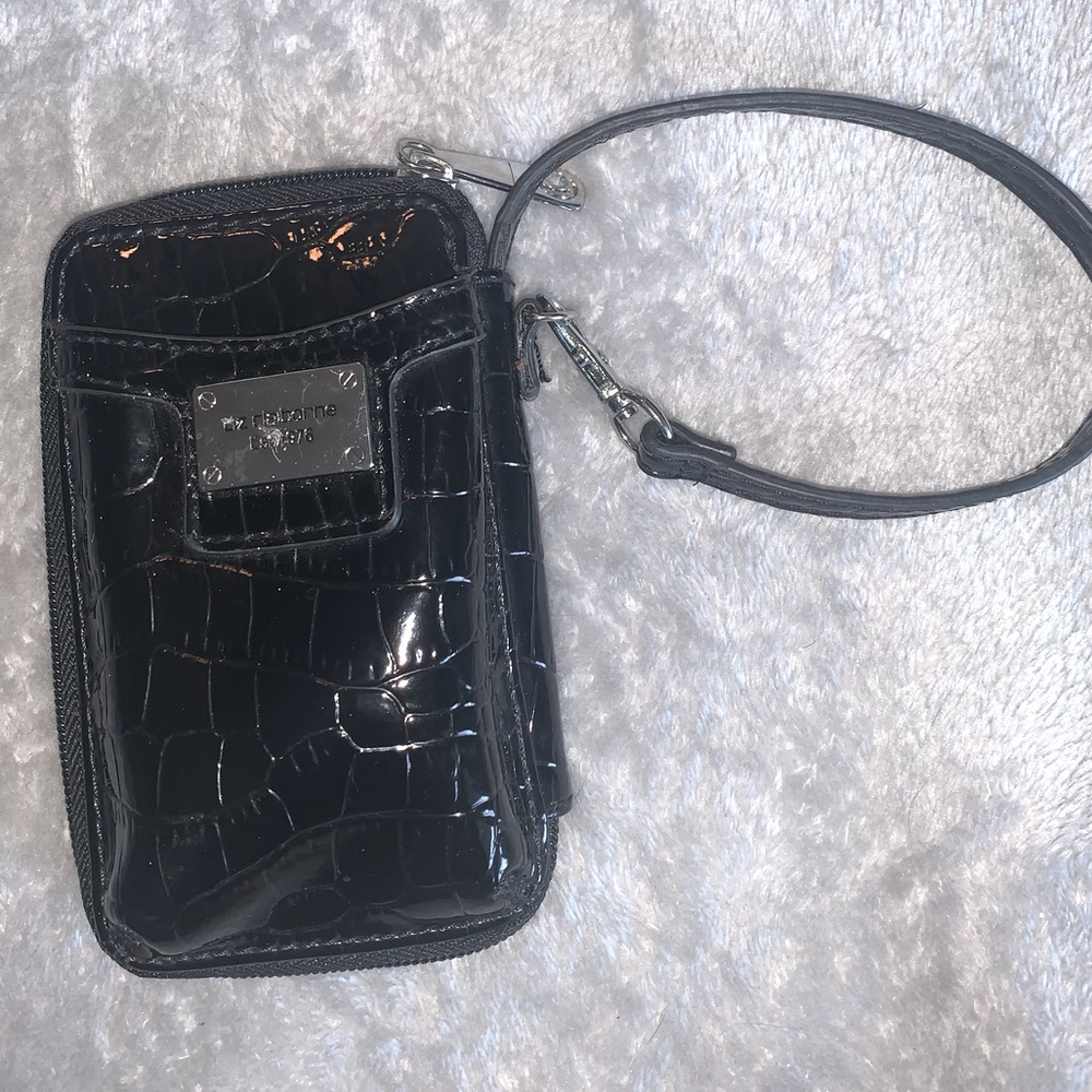 Liz Claiborne Black faux leather zip up wallet wristlet outside pocket